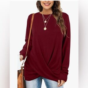 Tunic Top Front Twist Long Sleeve Crew Neck Top, Burgundy, Size L